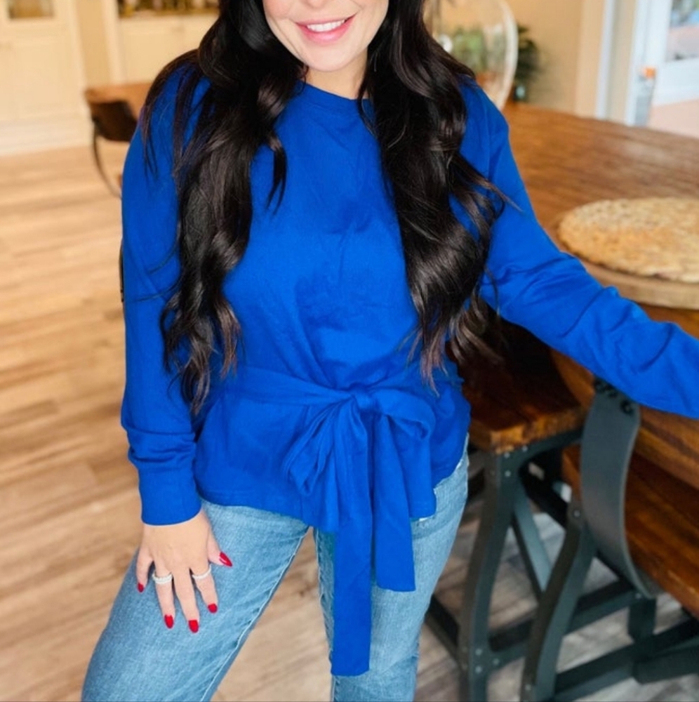 Soft Stunning Chic Cobalt Blue Tie-Waist Long Sleeve Top EUC